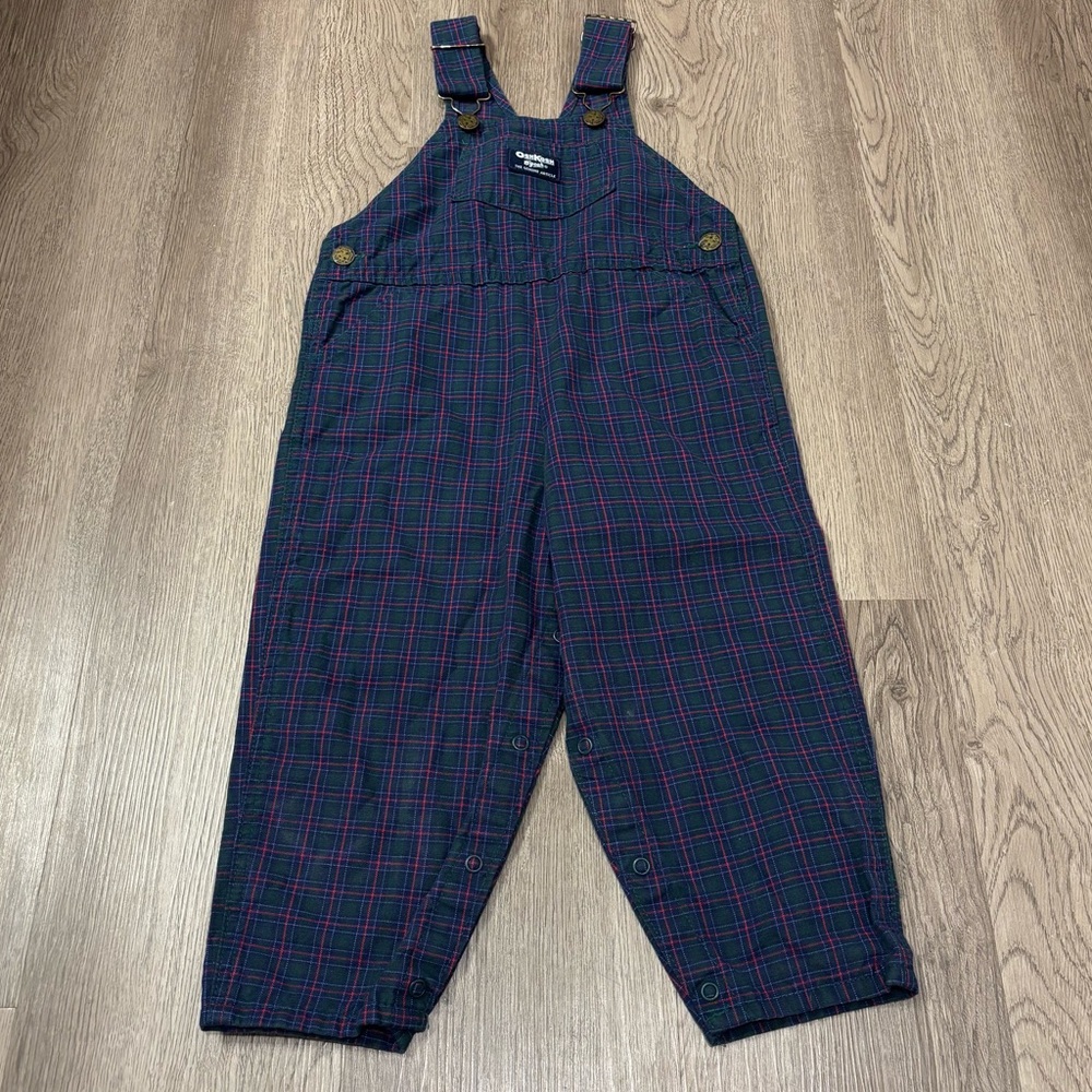 VTG Oshkosh B’Gosh Overalls Black Watch Plaid Toddler 4T Blue/Green/Red USA Made